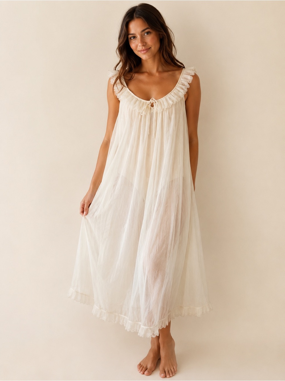 Vintage Top Drawer Lingerie Ivory Sheer Nylon Nightgown Lace Trim Small